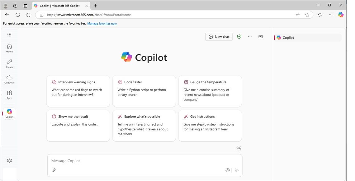 Screen capture showing the Microsoft Copilot Chat landing page.