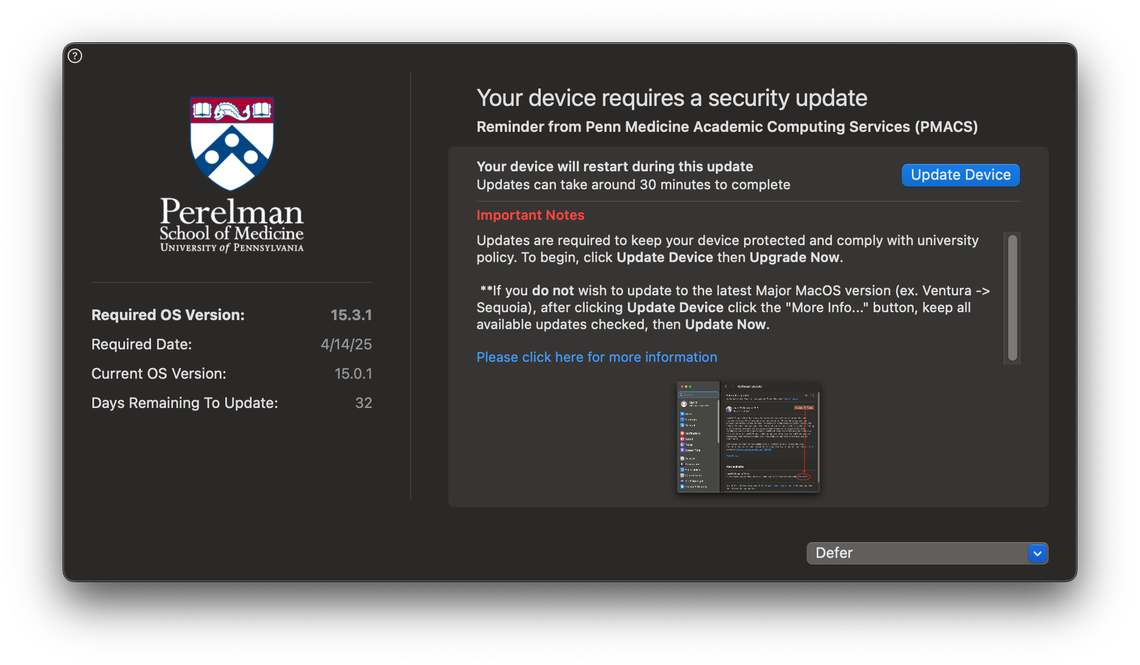A screenshot of the Nudge interface. Key info such as the required version and days remaining to update is shown. 