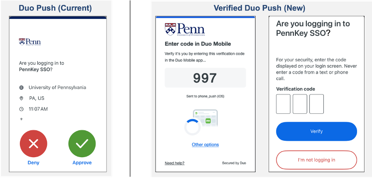 Comparison of the old Duo Push (left), with the new 'Verified Duo Push' (right) 